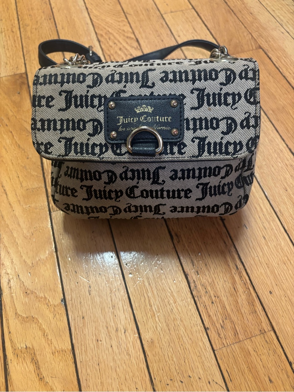 Juicy Couture Black & Tan Logo Flap Crossbody Bag Y2K